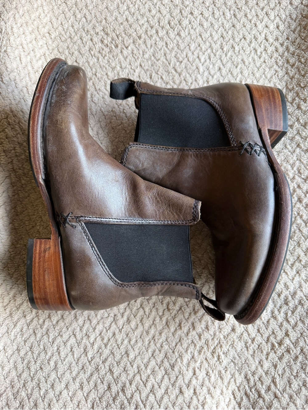 Women's Brown Leather Chelsea Booties with Black Elastic Panels